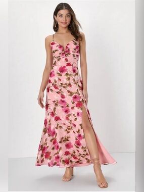 lululemon athletica Pink Floral Spaghetti-Strap Maxi Dress with Side Slit